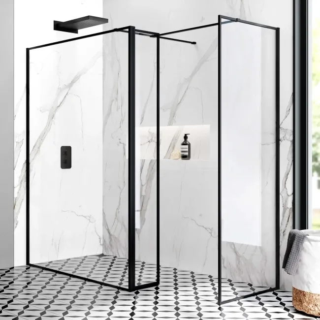Munich Matt Black Framed 8mm Walk In Shower Enclosure 1400mm & 800mm Glass with Pivotal Return Panel