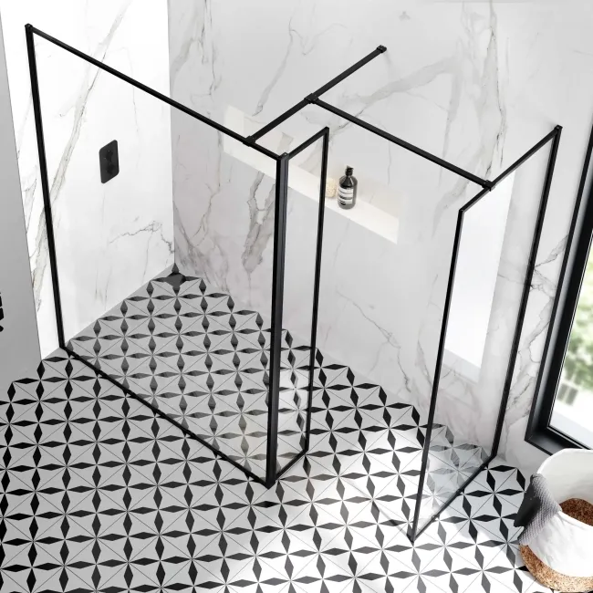 Munich Matt Black Framed 8mm Walk In Shower Enclosure 1400mm & 800mm Glass with Pivotal Return Panel