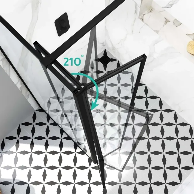 Munich Matt Black Framed 8mm Walk In Shower Enclosure 1400mm & 900mm Glass with Pivotal Return Panel