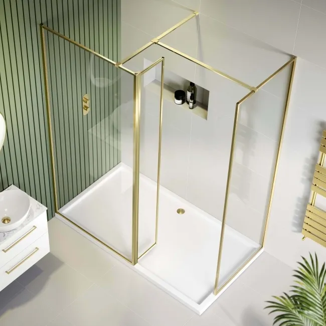 Munich Brushed Brass Framed 8mm Walk In Shower Enclosure 900mm & 700mm Glass with Return Panel