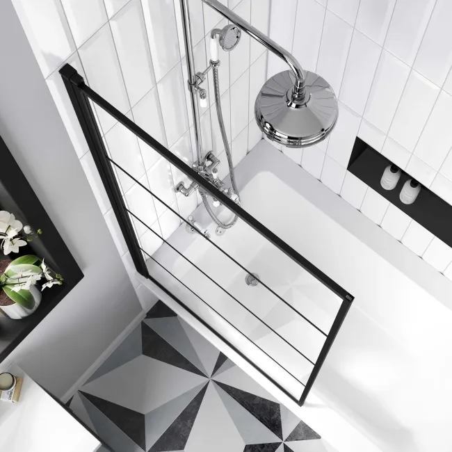 Abingdon 1500 Roll Top Shower Bath - White Ball Feet & 6mm Easy Clean Matt Black Grid Screen