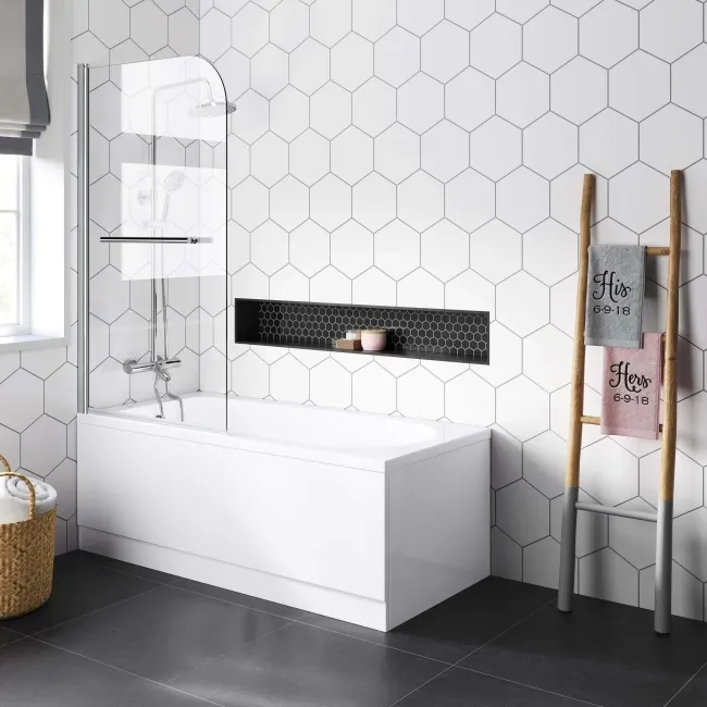 Stafford 1600x700 Round Shower Bath & 6mm Easy Clean Screen with Rail