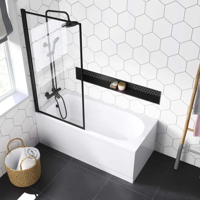 Stafford 1600x700 Round Shower Bath & 6mm Easy Clean Matt Black Framed Bath Screen