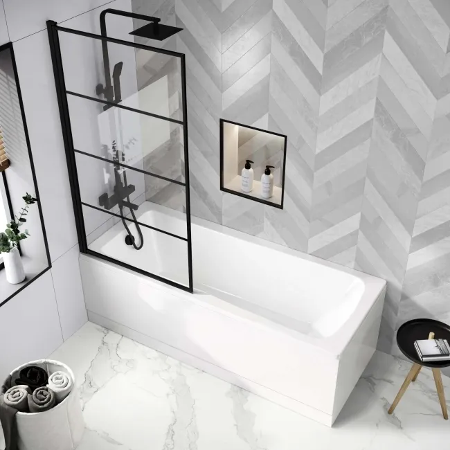 Hereford 1700x700 Square Shower Bath & 6mm Easy Clean Matt Black Grid Bath Screen