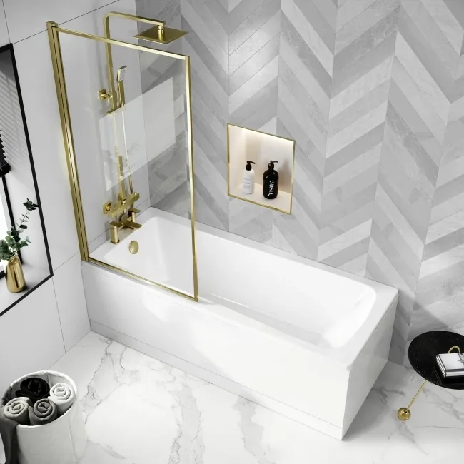 Hereford 1700x700 Square Shower Bath & 6mm Easy Clean Brushed Brass Framed Bath Screen