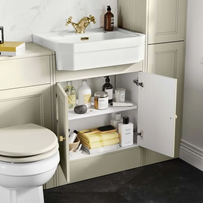 Monaco Chalk White Traditional Basin Vanity 600mm - Brushed Brass Accents