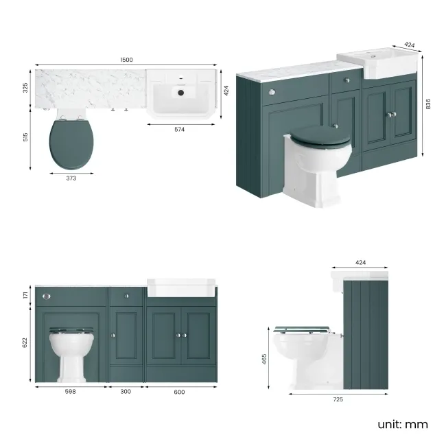 Monaco Midnight Green Combination Vanity Traditional Basin with Marble Top & Hudson Toilet with Wooden Seat 1500mm