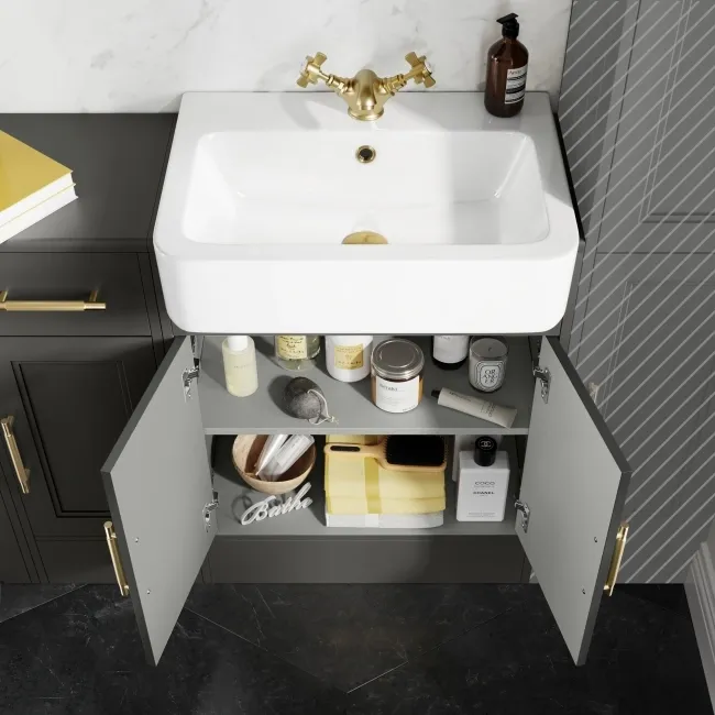 Monaco Graphite Grey Basin Vanity and Back To Wall Unit 1500mm (Excludes Pan & Cistern) - Brass Knurled Handles
