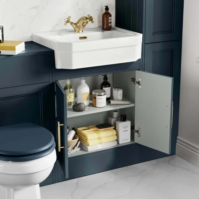 Monaco Inky Blue Traditional Basin Vanity 600mm - Brass Knurled Handles