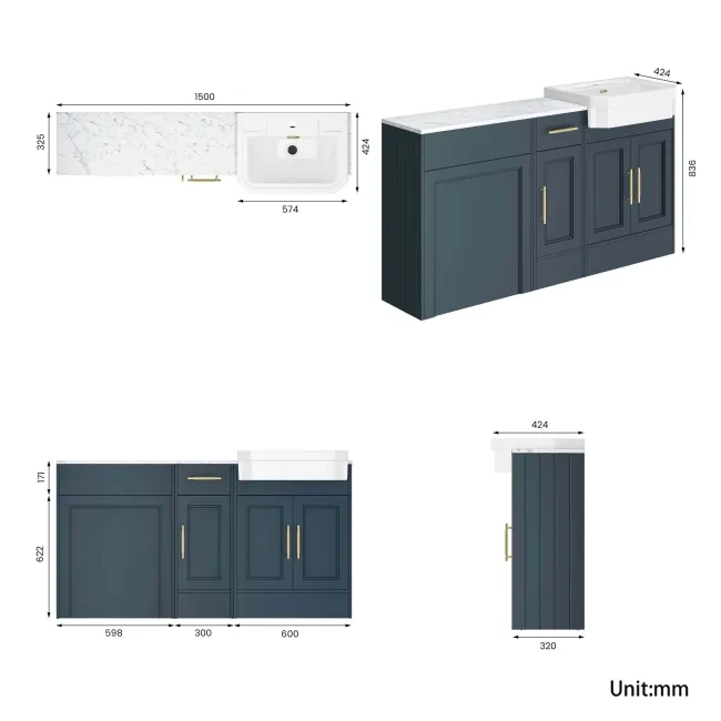 Monaco Inky Blue Combination Vanity Traditional Basin with Marble Top 1500mm (Excludes Pan & Cistern) - Brass Knurled Handles