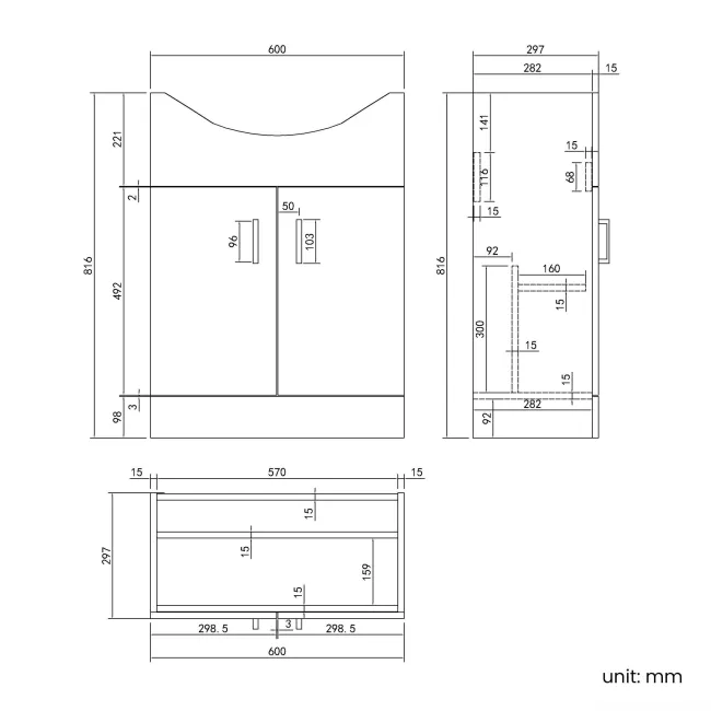 Quartz Gloss White Vanity with Semi Recessed Basin 650mm - Black Accents