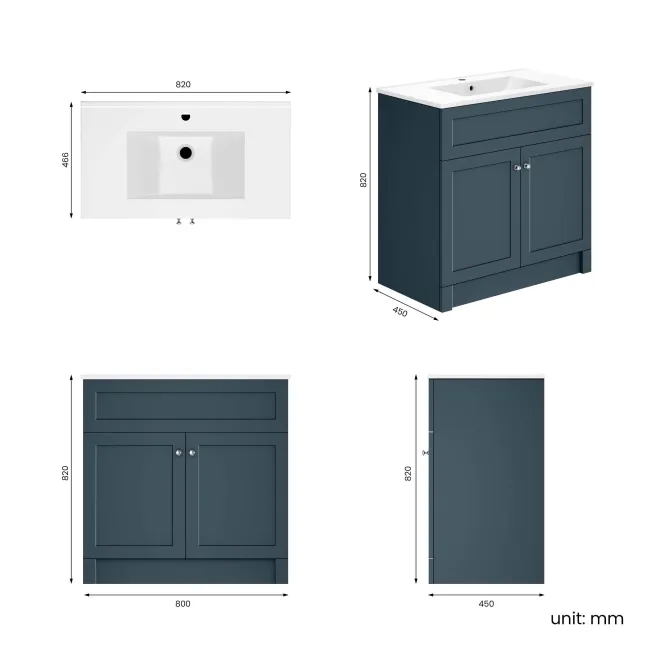 Milos Navy Blue Basin Vanity 800mm - Brushed Handles