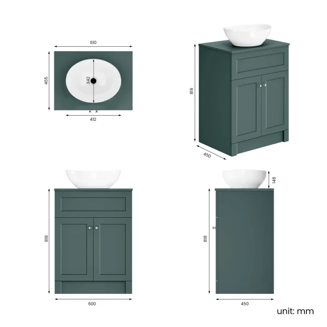 Milos Mystic Green Vanity with Oval Basin 600mm - Brushed Handles