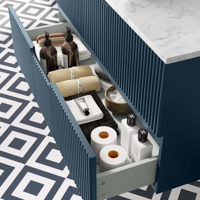 Crete Fluted Navy Blue Wall Hung Drawer Vanity with Marble Top & Curved Basin 1000mm