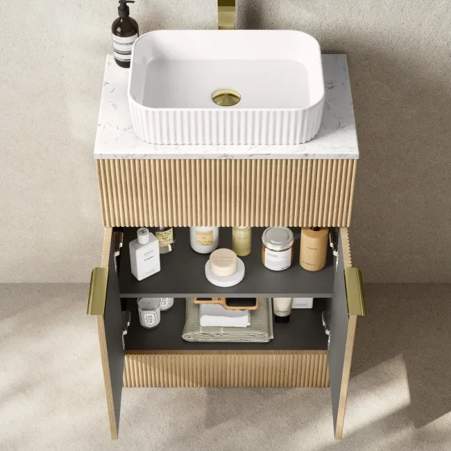 Havana Fluted Country Oak Cabinet with Marble Top & Reno Basin 600mm - Brushed Brass Accents