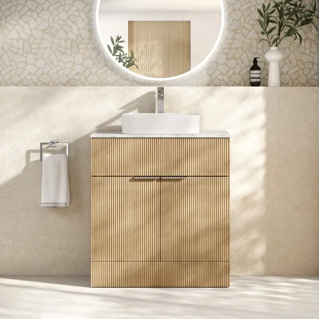 Havana Fluted Country Oak Cabinet with Marble Top & Marin Basin 800mm - Chrome Handles