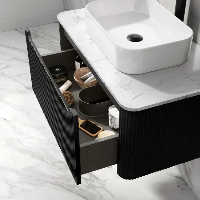 Sorrento Fluted Matt Black Wall Hung Drawer Vanity with Marble Top & Marin Basin 800mm