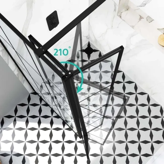 Munich Matt Black Grid 8mm Wet Room Shower Glass 1400mm & 250mm Pivotal Return Panel
