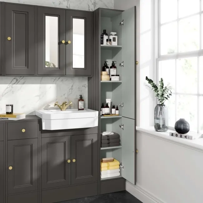 Monaco Graphite Grey Floor Standing Tall Cabinet Unit 1900x300mm - Brushed Brass Accents