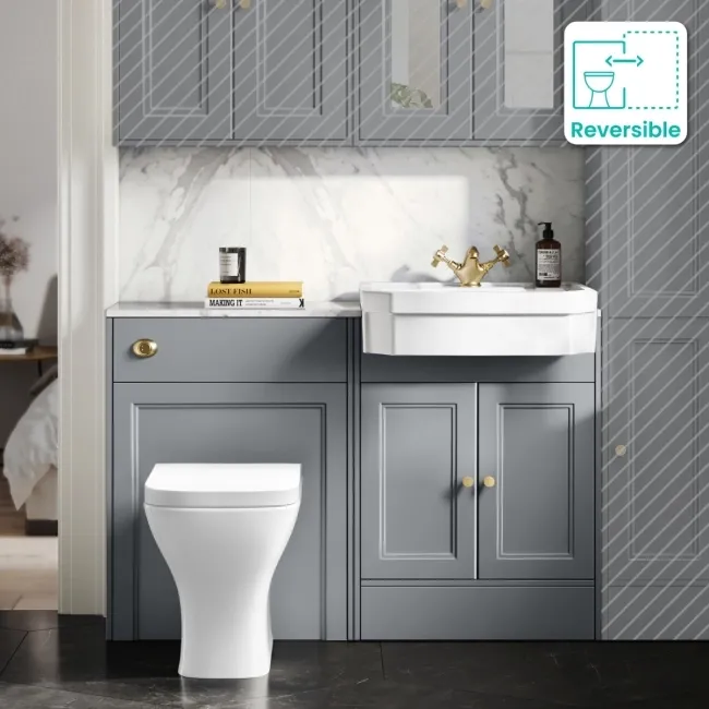 Monaco Dove Grey Combination Vanity Traditional Basin with Marble Top & Atlanta Toilet 1200mm - Brushed Brass Accents