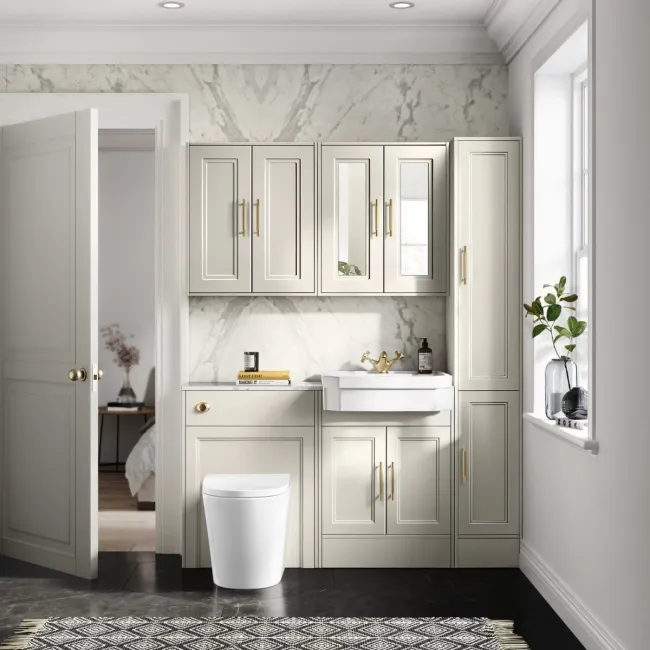 Monaco Chalk White Combination Vanity Traditional Basin with Marble Top & Boston Toilet 1200mm - Brass Knurled Handles