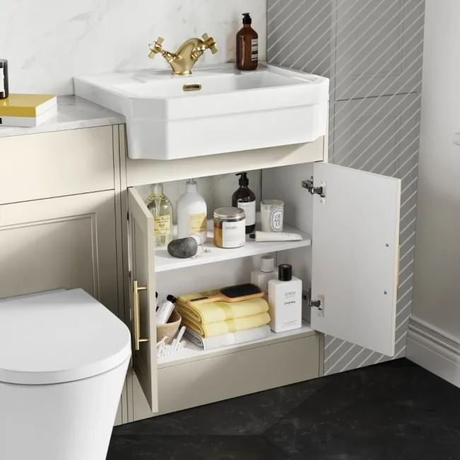 Monaco Chalk White Combination Vanity Traditional Basin with Marble Top & Boston Toilet 1200mm - Brass Knurled Handles