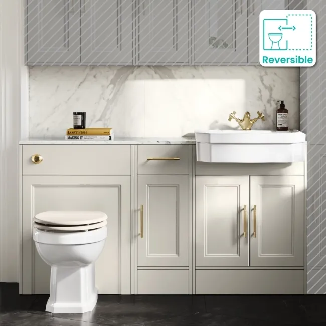 Monaco Chalk White Combination Vanity Traditional Basin with Marble Top & Hudson Toilet with Wooden Seat 1500mm - Brass Knurled Handles
