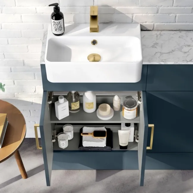 Harper Navy Blue Combination Vanity Basin with Marble Top & Tucson Toilet 1000mm - Brushed Brass Accents