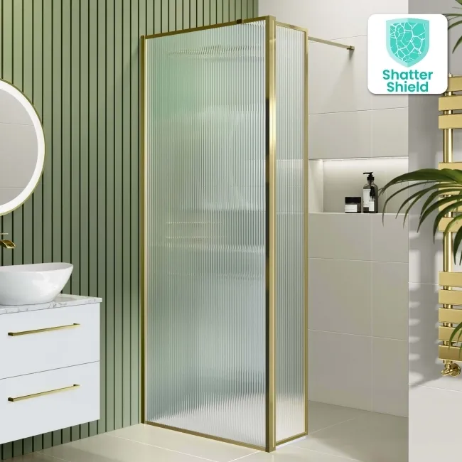 Munich Fluted Effect Brushed Brass 8mm Wet Room Shower Glass 700mm & 250mm Pivotal Return Panel