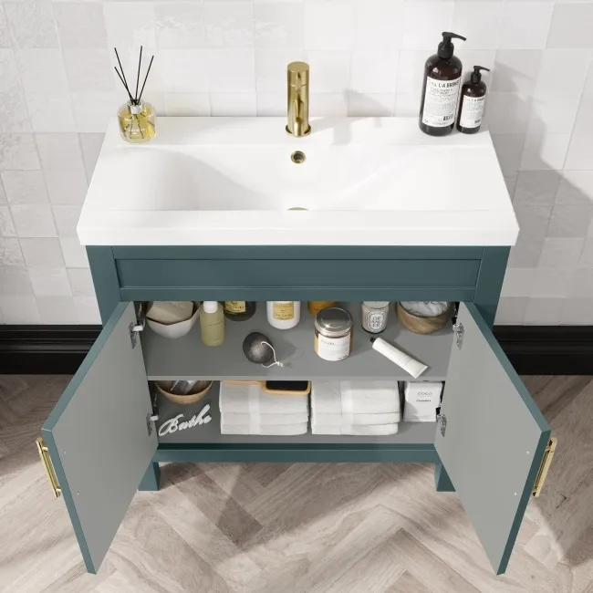 Bermuda Midnight Green Basin Vanity 800mm - Brass Knurled Handles
