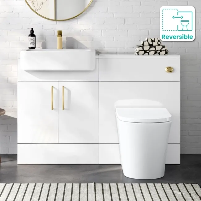 Harper Gloss White Combination Vanity Basin and Tucson Toilet 1200mm - Brushed Brass Accents