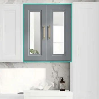 Dove Grey Wall Hung Mirror Cabinet 700x600mm - Brass Knurled Handles