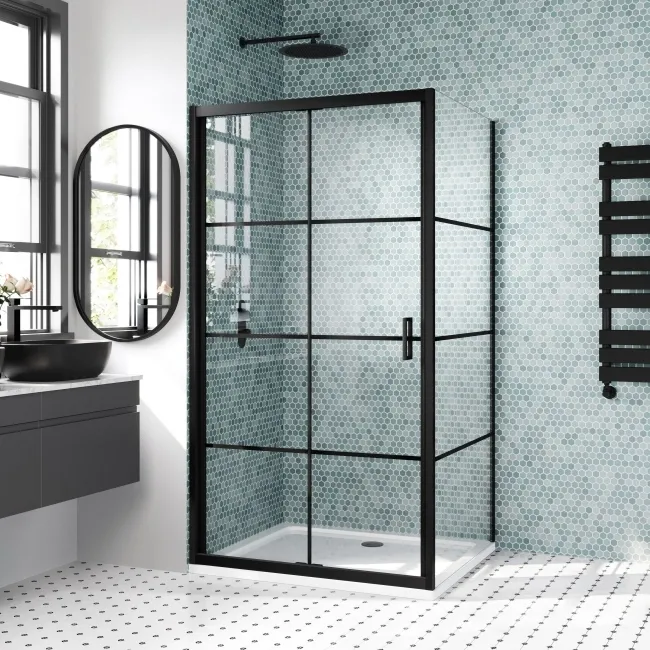 London Matt Black Grid 6mm Bifold Shower Enclosure 1000x760mm