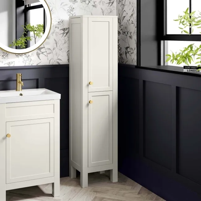 Bermuda Chalk White Floor Standing Tall Cabinet 1500x350mm - Brushed Brass Accents