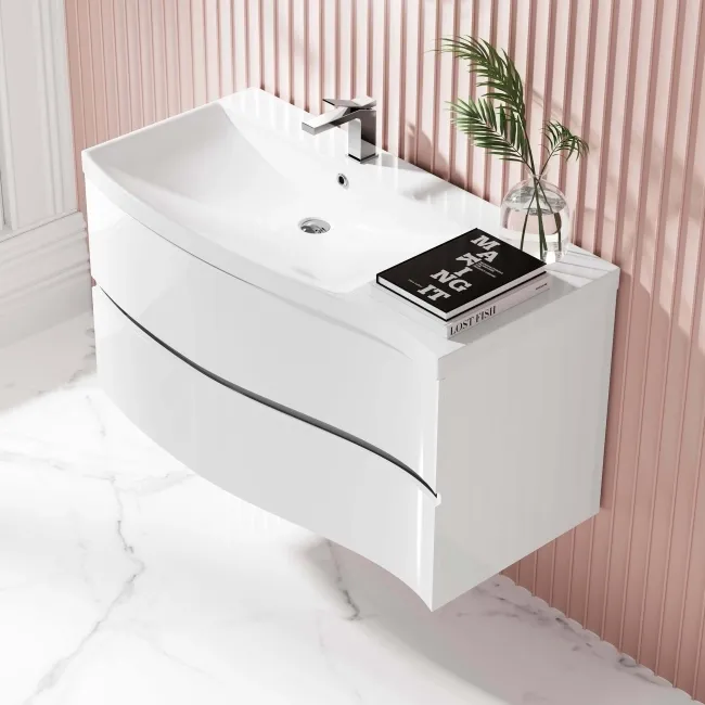 Bali Gloss White Wall Hung Basin Drawer Vanity 1000mm -left Handed