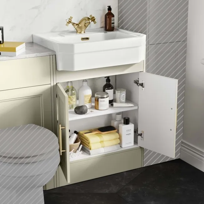 Monaco Chalk White Combination Vanity Traditional Basin with Marble Top 1200mm (Excludes Pan & Cistern) - Brass Knurled Handles