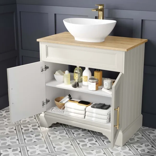 Lucia Chalk White Vanity with Oak Effect Top & Oval Counter Top Basin 840mm - Brass Knurled Handles