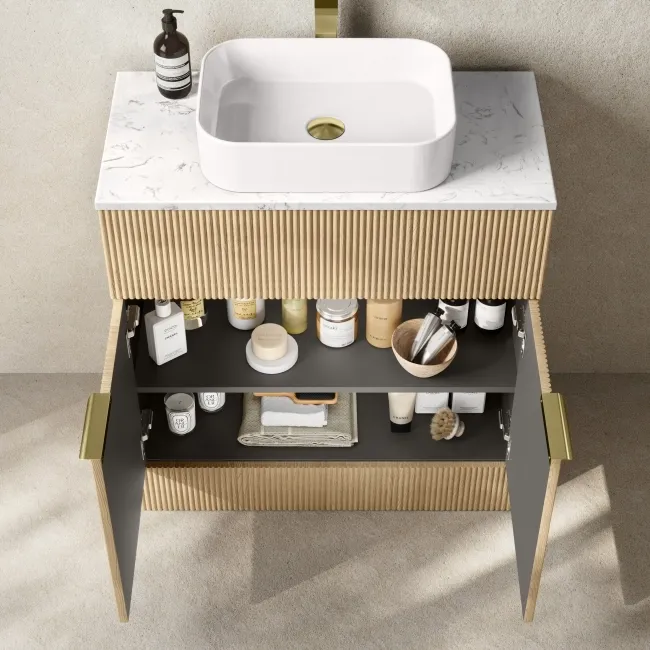 Havana Fluted Country Oak Cabinet with Marble Top & Marin Basin 800mm - Brushed Brass Accents