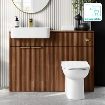 Sicily Fluted Black Walnut Combination Vanity Basin and Aruba Toilet 1200mm - Brushed Brass Accents