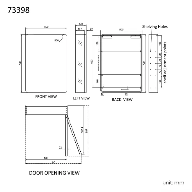Aurora Matt Black Mirror Cabinet 700x500mm