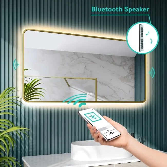 Mila Brushed Brass Backlit Illuminated LED Mirror With BLUETOOTH Speaker 600x1200mm