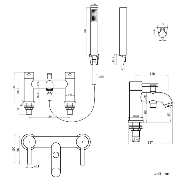 Trent Brushed Brass Basin & Shower Bath Mixer Tap Set