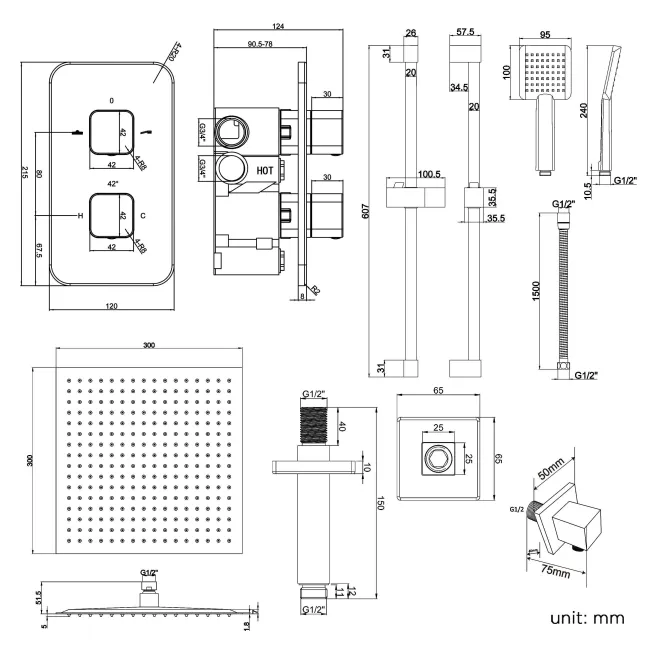 Galway Premium Ceiling Chrome Square Thermostatic Shower Set - 300mm Head & Slider Shower