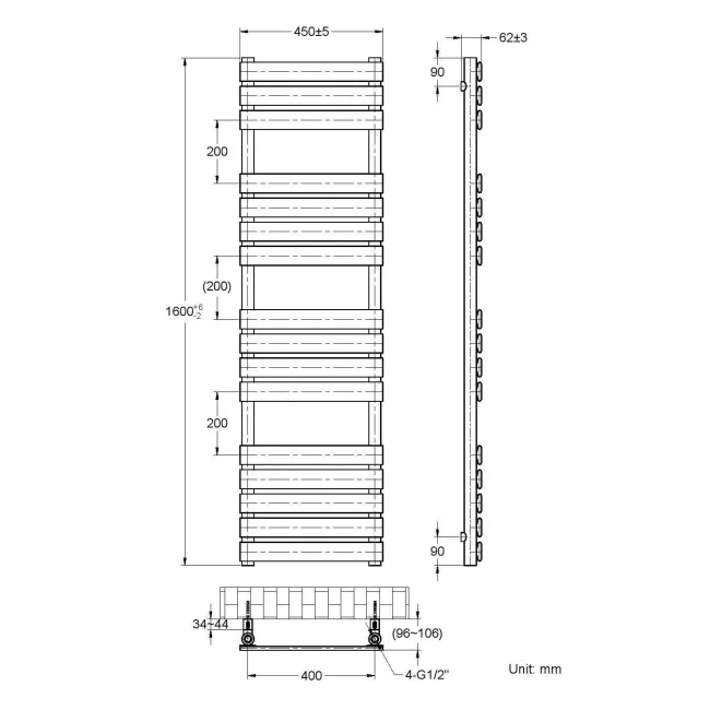 Santorini Electric Matt Black Flat Panel Heated Towel Rail 1600x450mm
