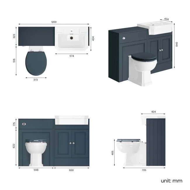 Monaco Inky Blue Combination Vanity Traditional Basin and Hudson Toilet with Wooden Seat 1200mm