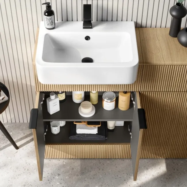 Sicily Fluted Country Oak Vanity with Semi Recessed Basin 600mm - Black Accents