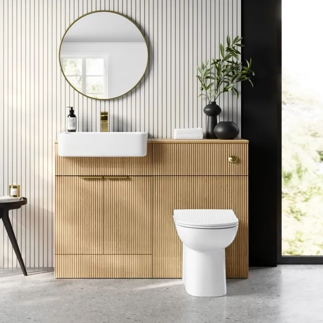 Sicily Fluted Country Oak Vanity with Semi Recessed Basin 600mm - Brushed Brass Accents