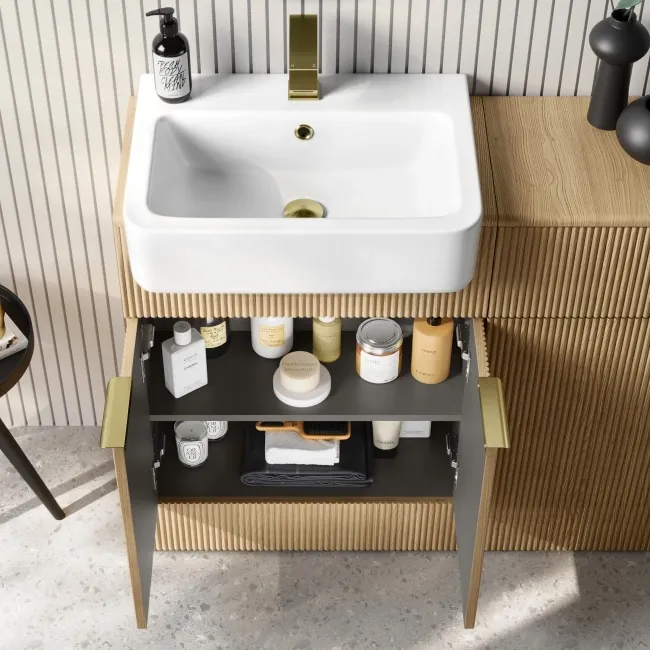 Sicily Fluted Country Oak Vanity with Semi Recessed Basin 600mm - Brushed Brass Accents