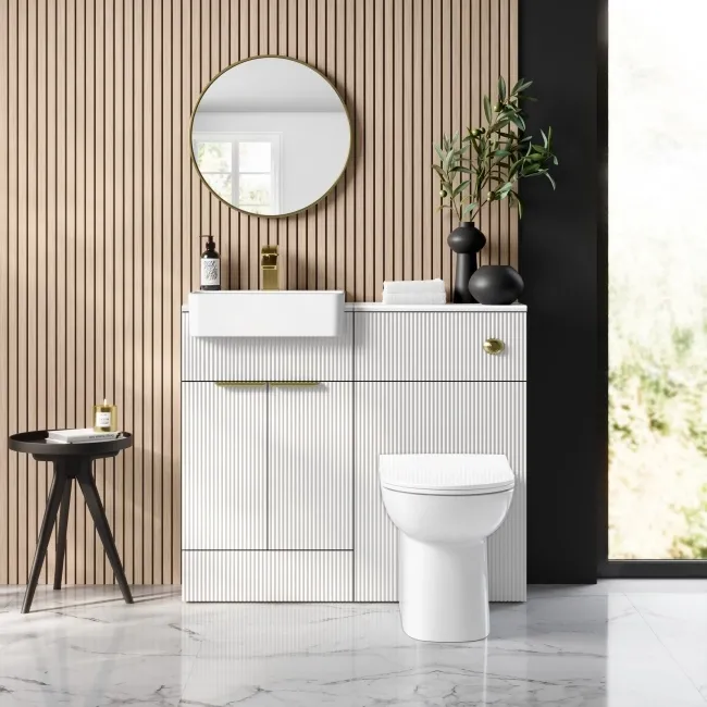 Sicily Fluted Coastal White Vanity with Semi Recessed Basin 500mm - Brushed Brass Accents