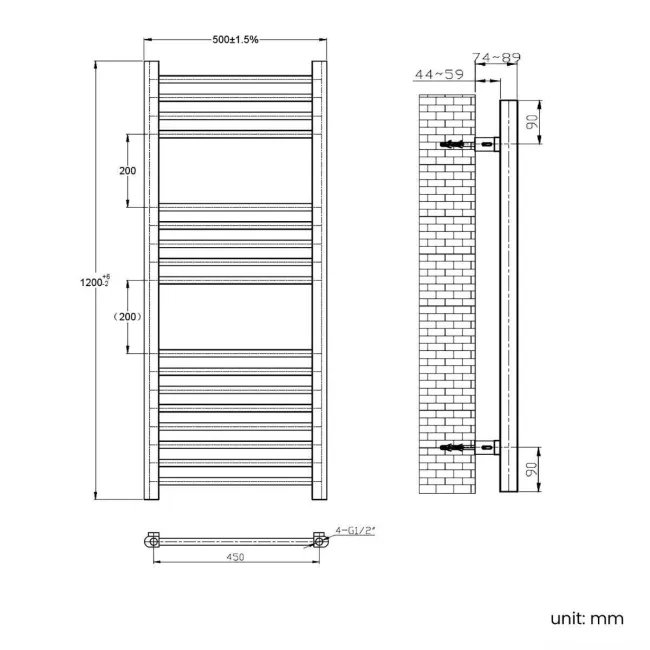 Barcelona Electric Brushed Brass Straight Heated Towel Rail 1200x500mm